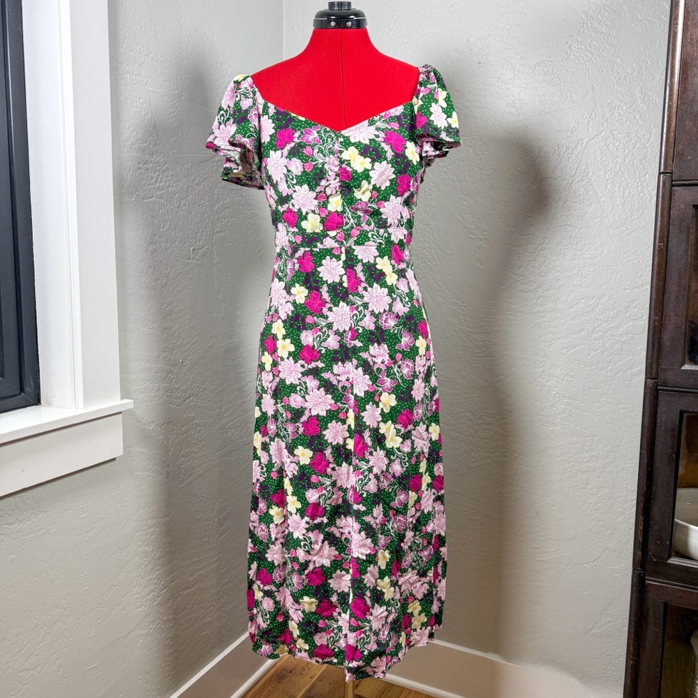 Sofia Jeans by Sofia Vergara Floral Midi Dress Green Pink Smocked Back Size M